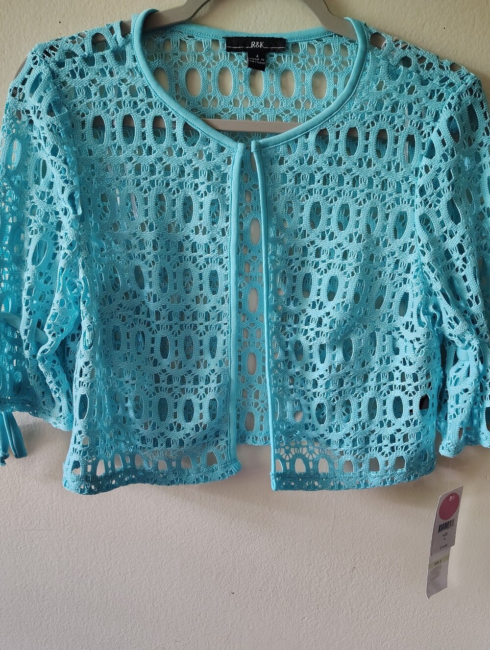 R&K Blue Crochet Bolero Cardigan 4 Open Knit Bow Coquette Indie Y2K NWT